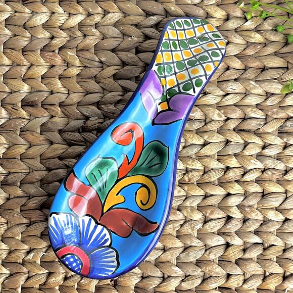 VTG Mexican Talavera Pottery Spoon Rest Colorful Floral Handcrafted Turquoise - Picture 1 of 6